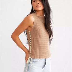 Gilded Intent Tan Knit Tank Top with Side Lace
